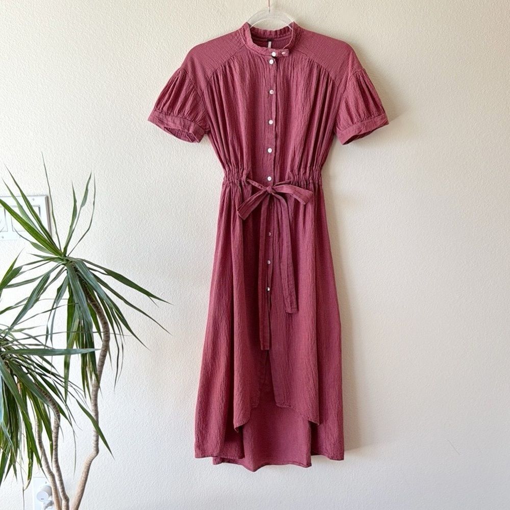 Free People Retro Mini Check Gingham Waist Tie Hi Lo Button Down Midi Dress